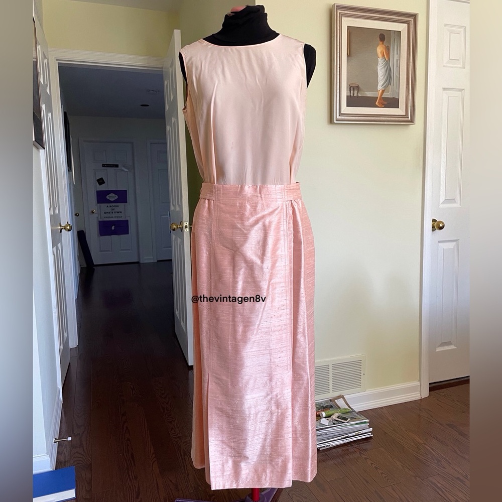 Vintage Canadian-made peach silk skirt set with matching hat